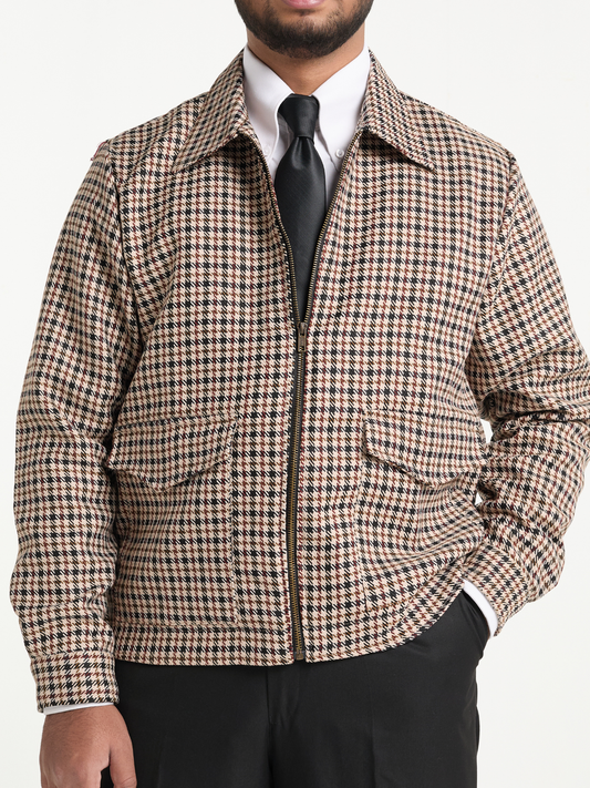 Beige Houndstooh Cropped Blouson Jacket