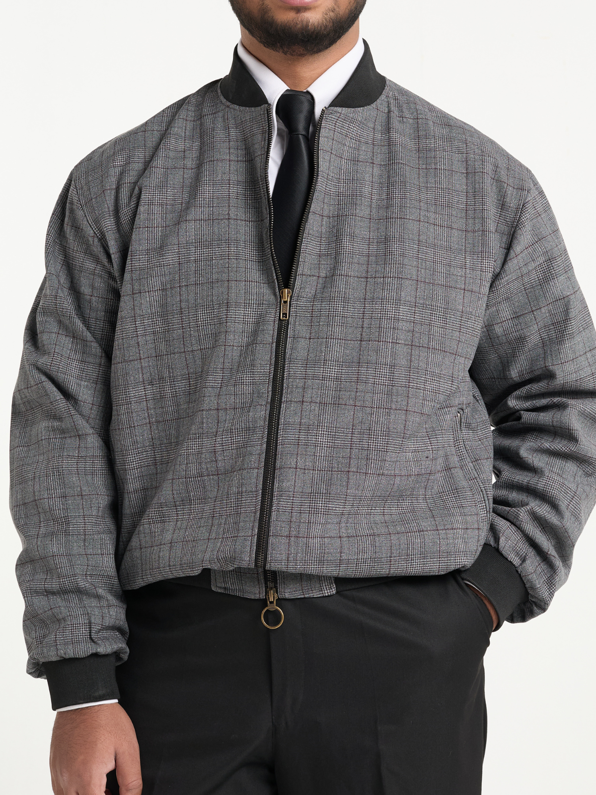 Grey Glen Check Cropped Bomber Jacket