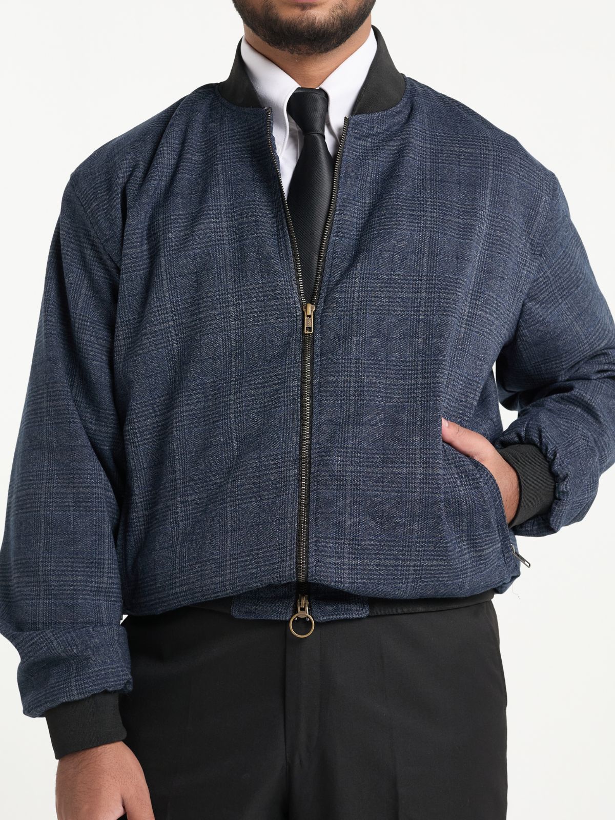 Navy Glen Check Cropped Bomber Jacket