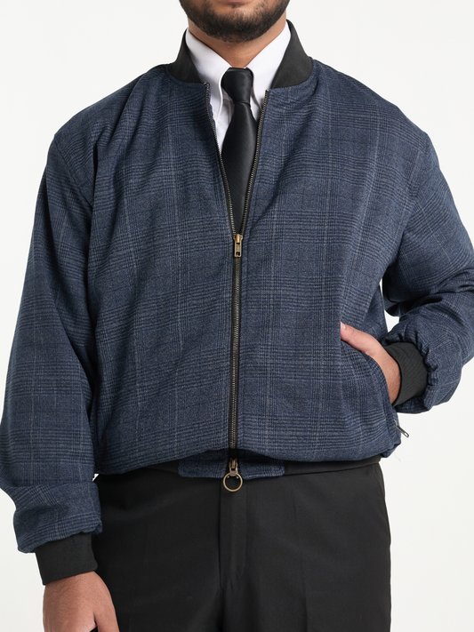 Navy Glen Check Cropped Bomber Jacket