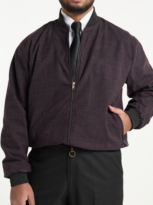 Purple Glen Check Cropped Bomber Jacket