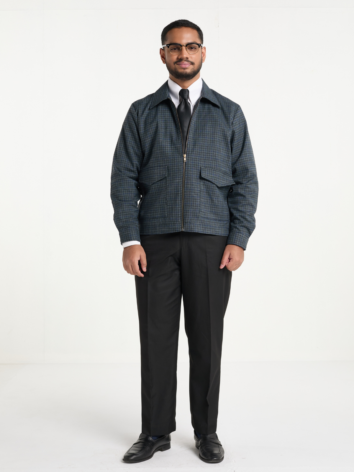 Navy Houndstooth Cropped Blouson Jacket