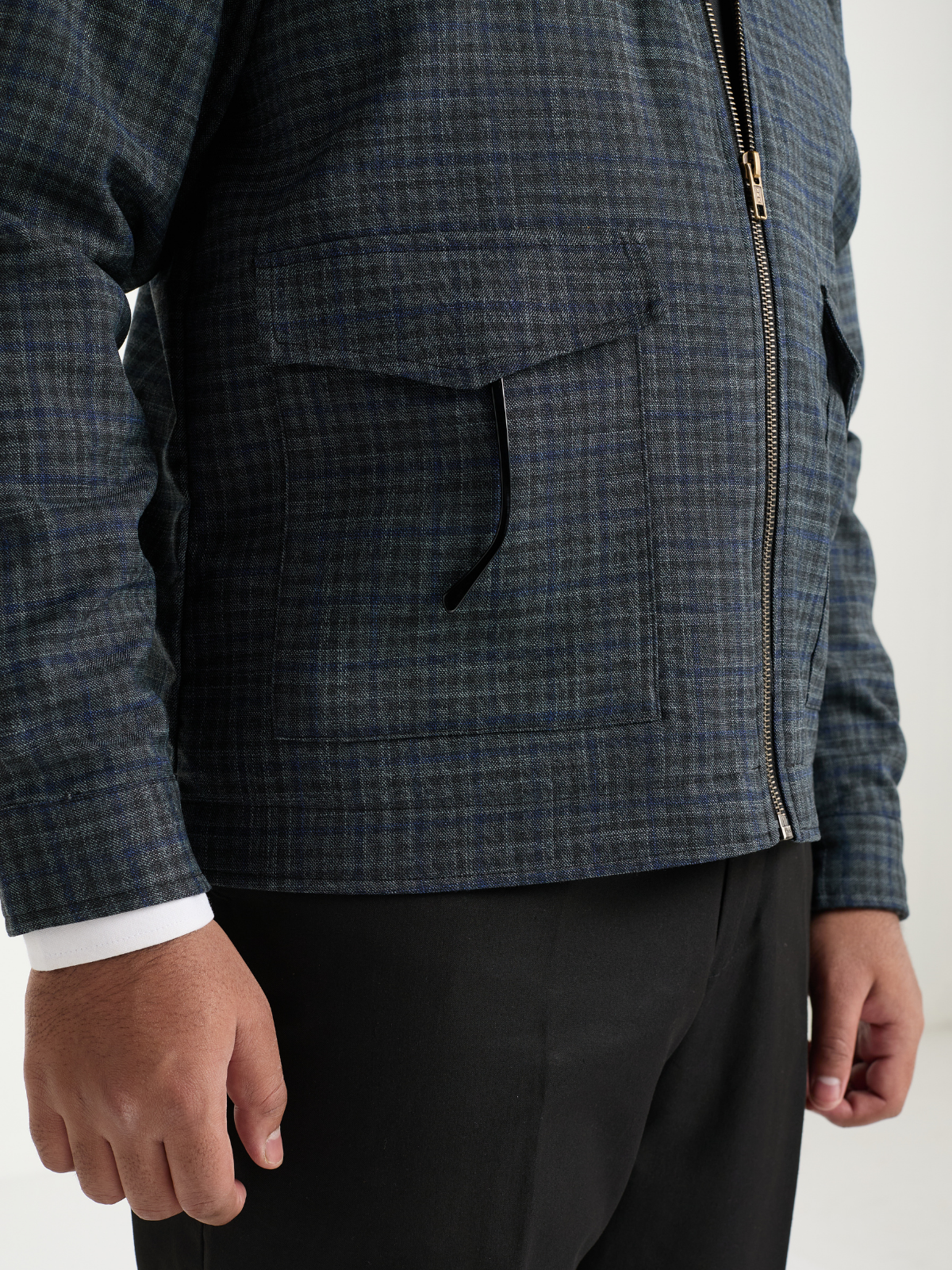 Navy Houndstooth Cropped Blouson Jacket