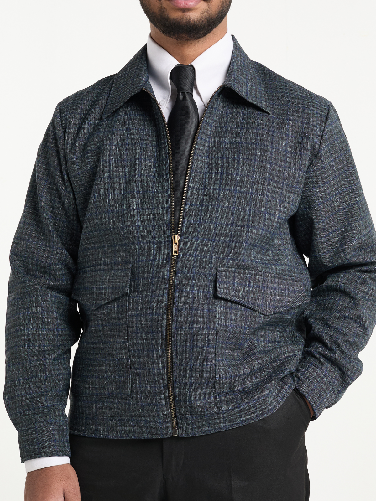 Navy Houndstooth Cropped Blouson Jacket