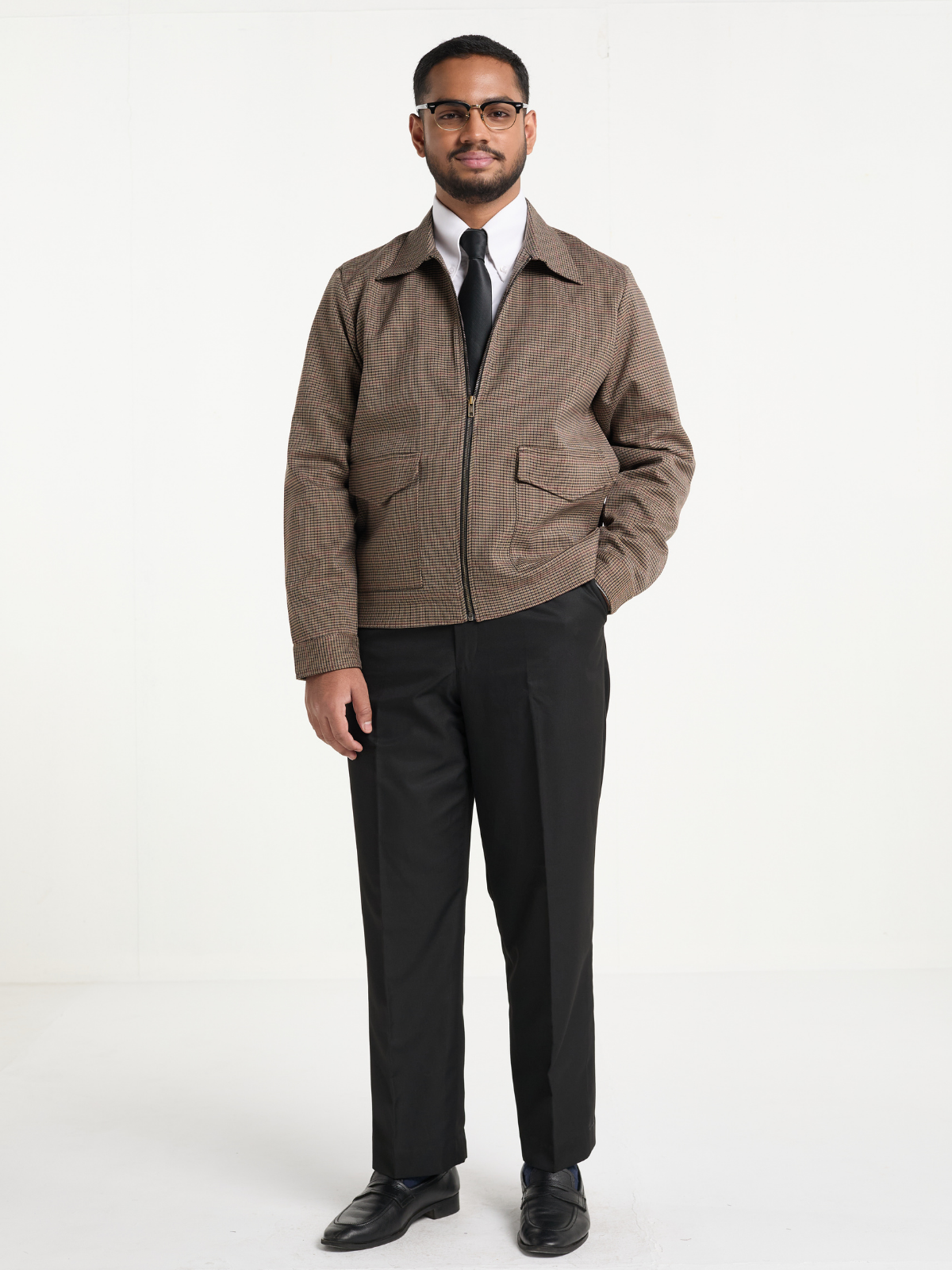 Mocha Houndstooh Cropped Blouson Jacket