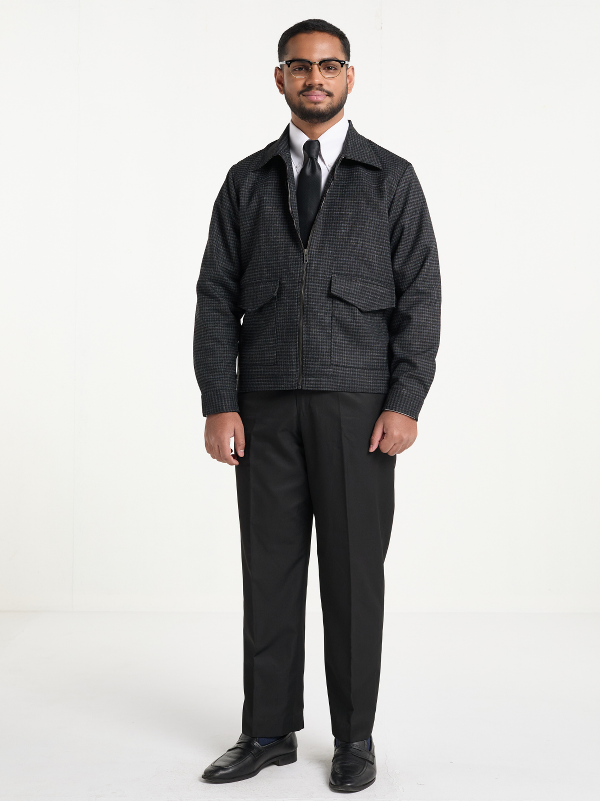 Charcoal Houndstooh Cropped Blouson Jacket