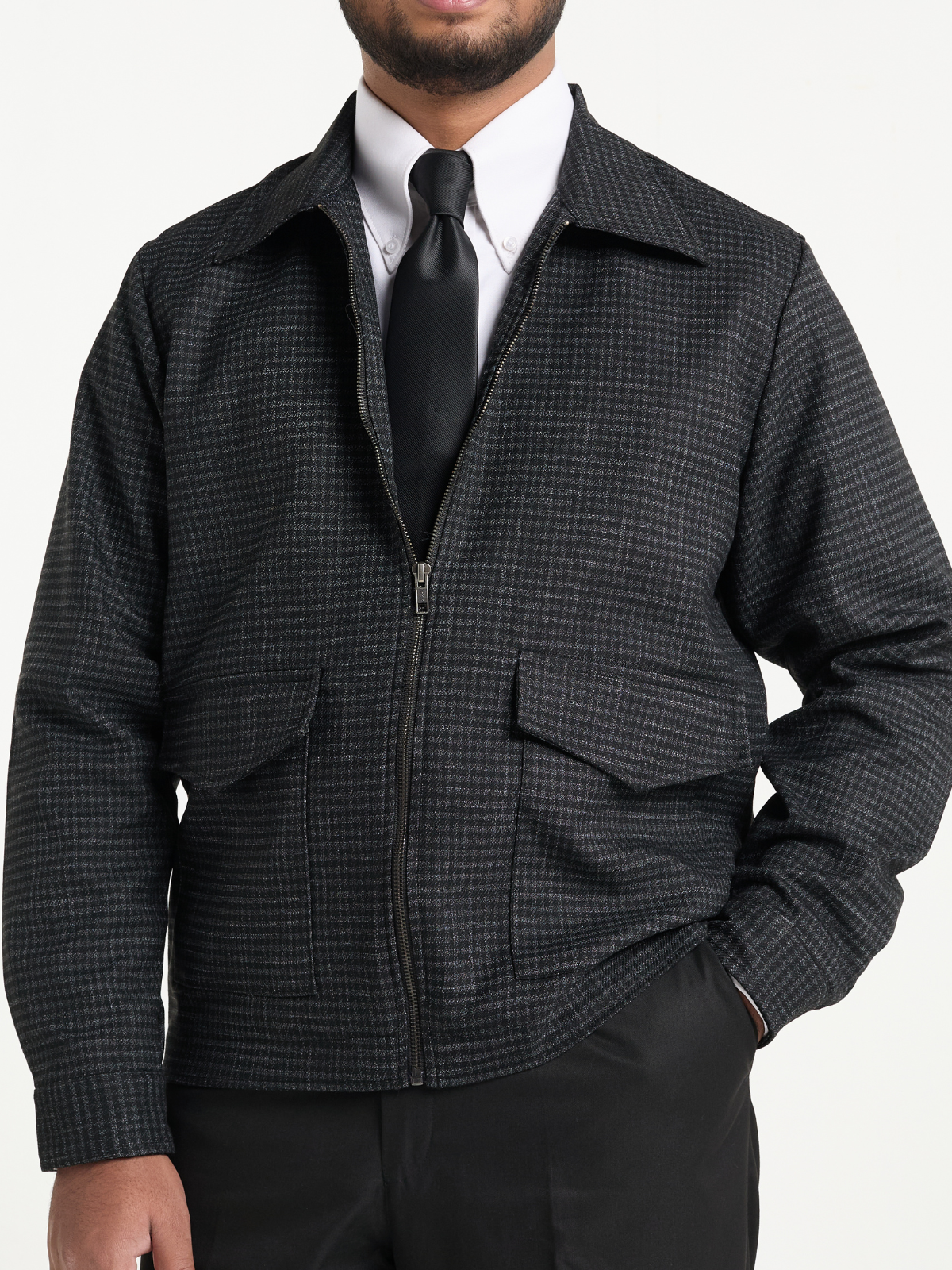 Charcoal Houndstooh Cropped Blouson Jacket