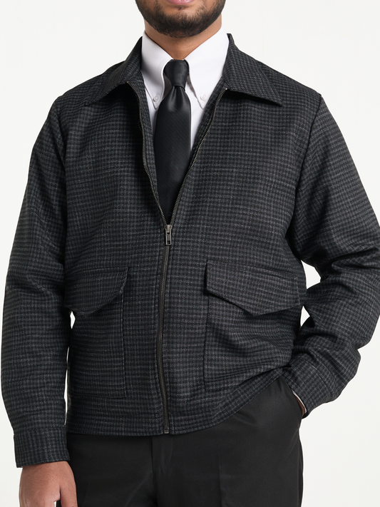 Charcoal Houndstooh Cropped Blouson Jacket