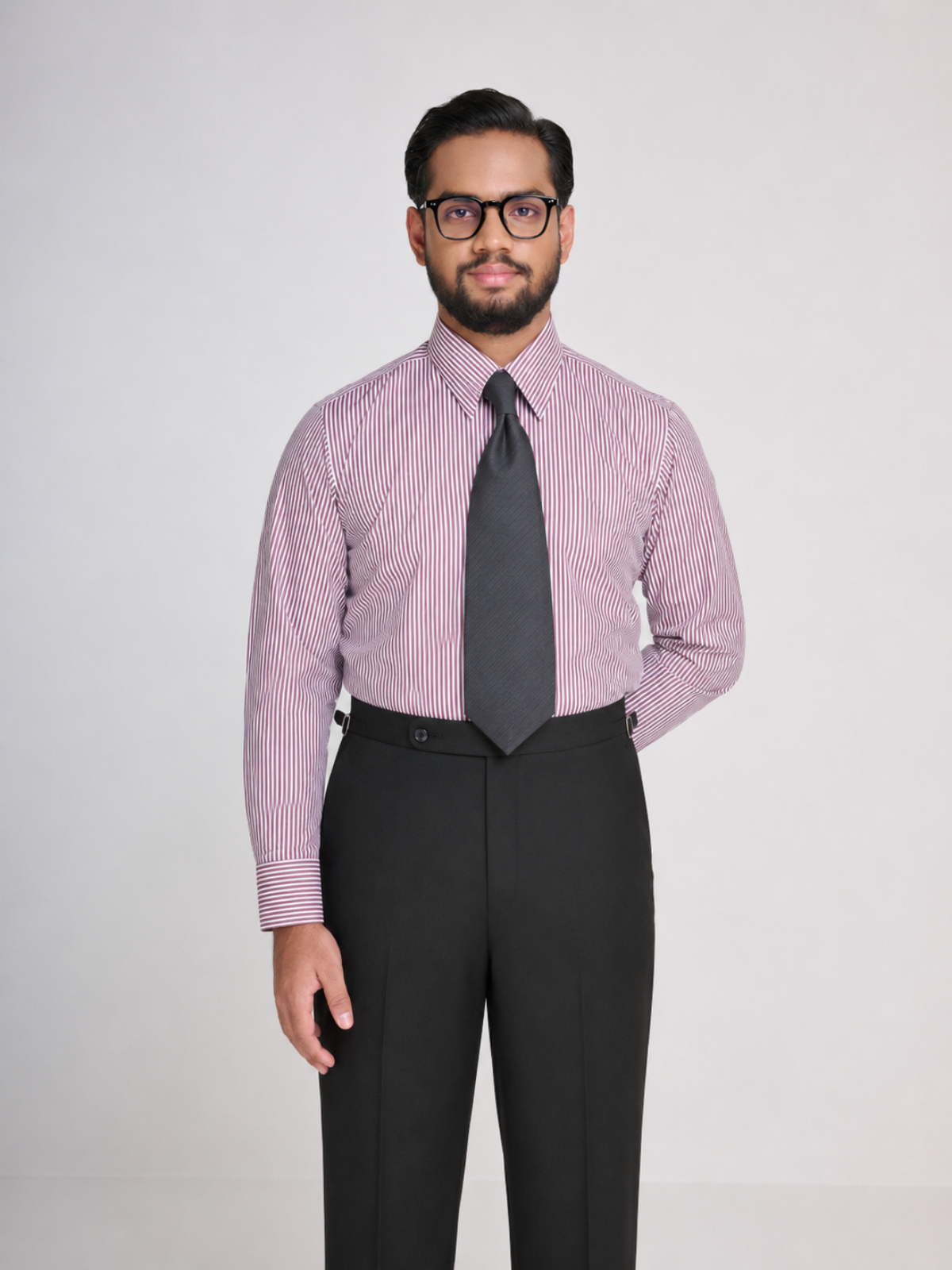 Burgundy & White Stripe Point Collar Shirt