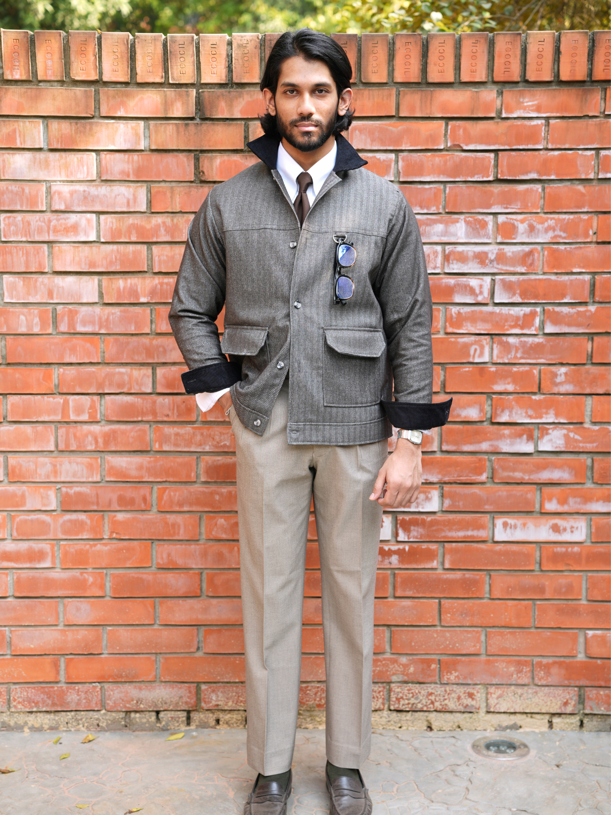 Charcoal Herringbone Cropped Bomber Jacket