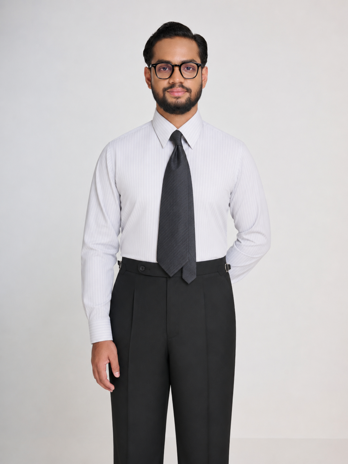 White & Grey Stripe Point Collar Shirt