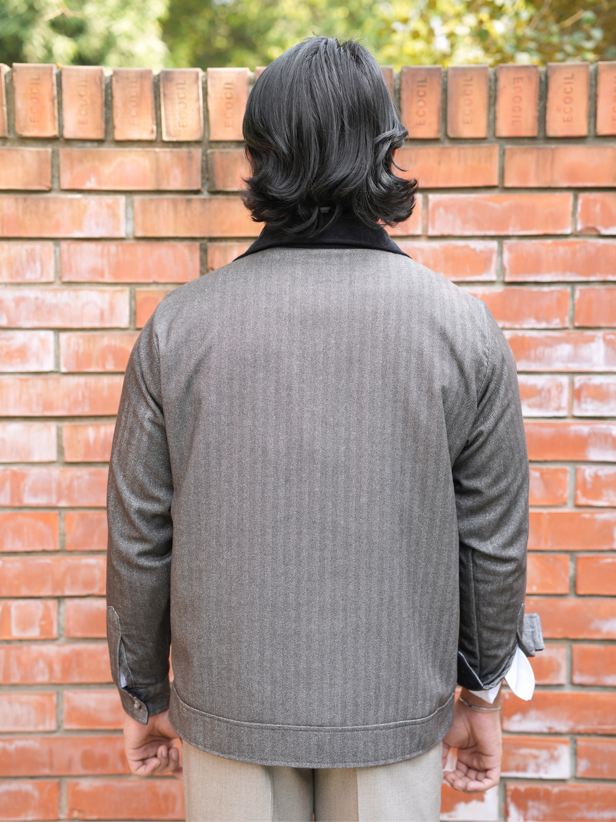 Charcoal Herringbone Cropped Bomber Jacket