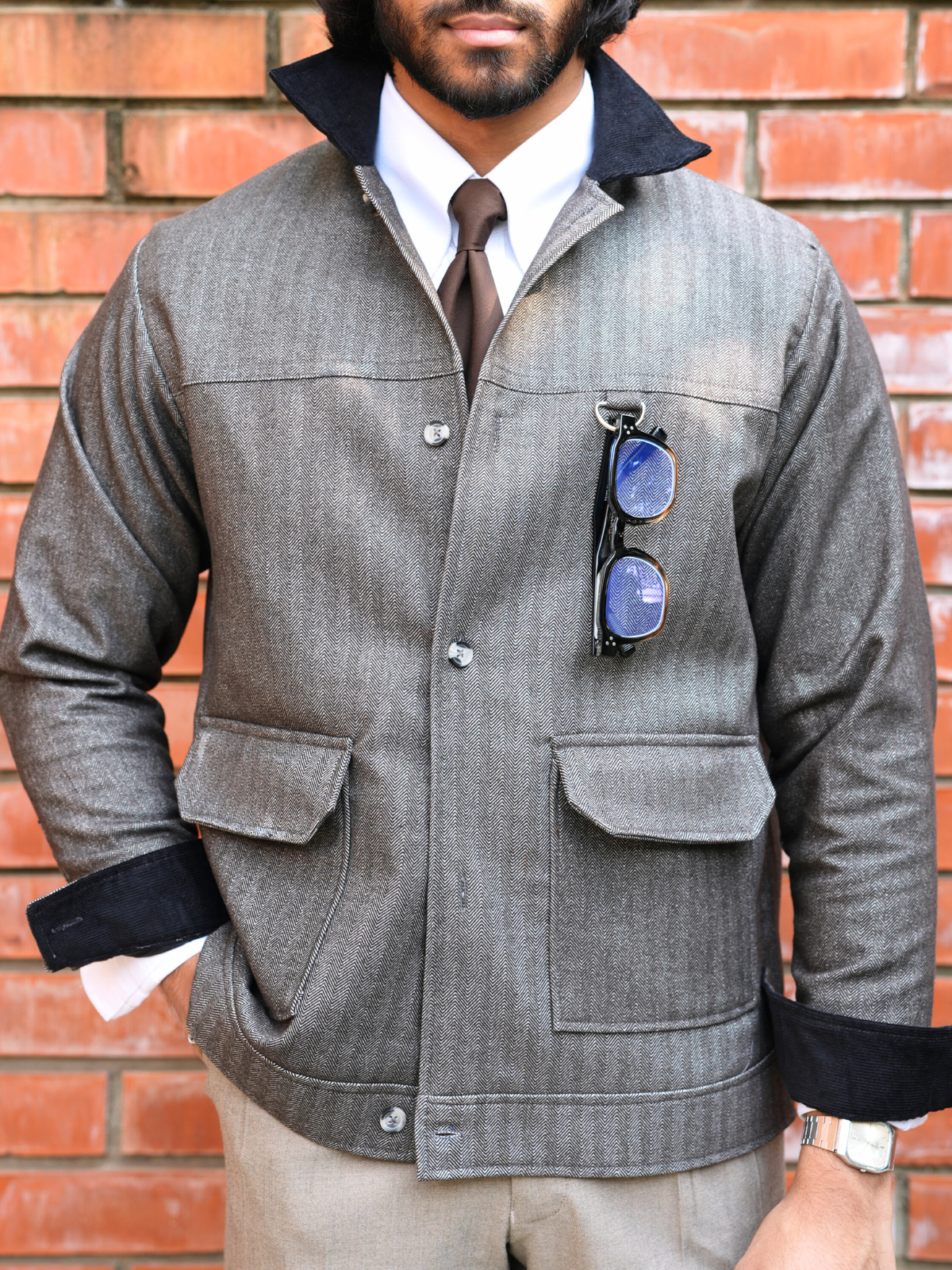 Charcoal Herringbone Cropped Bomber Jacket