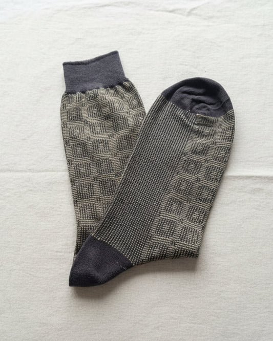 Textured Check Cotton Socks – Stone & Charcoal
