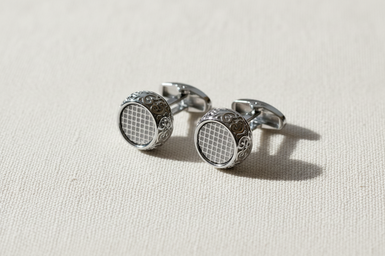 Regal Grid Cufflinks – Silver & Ivory