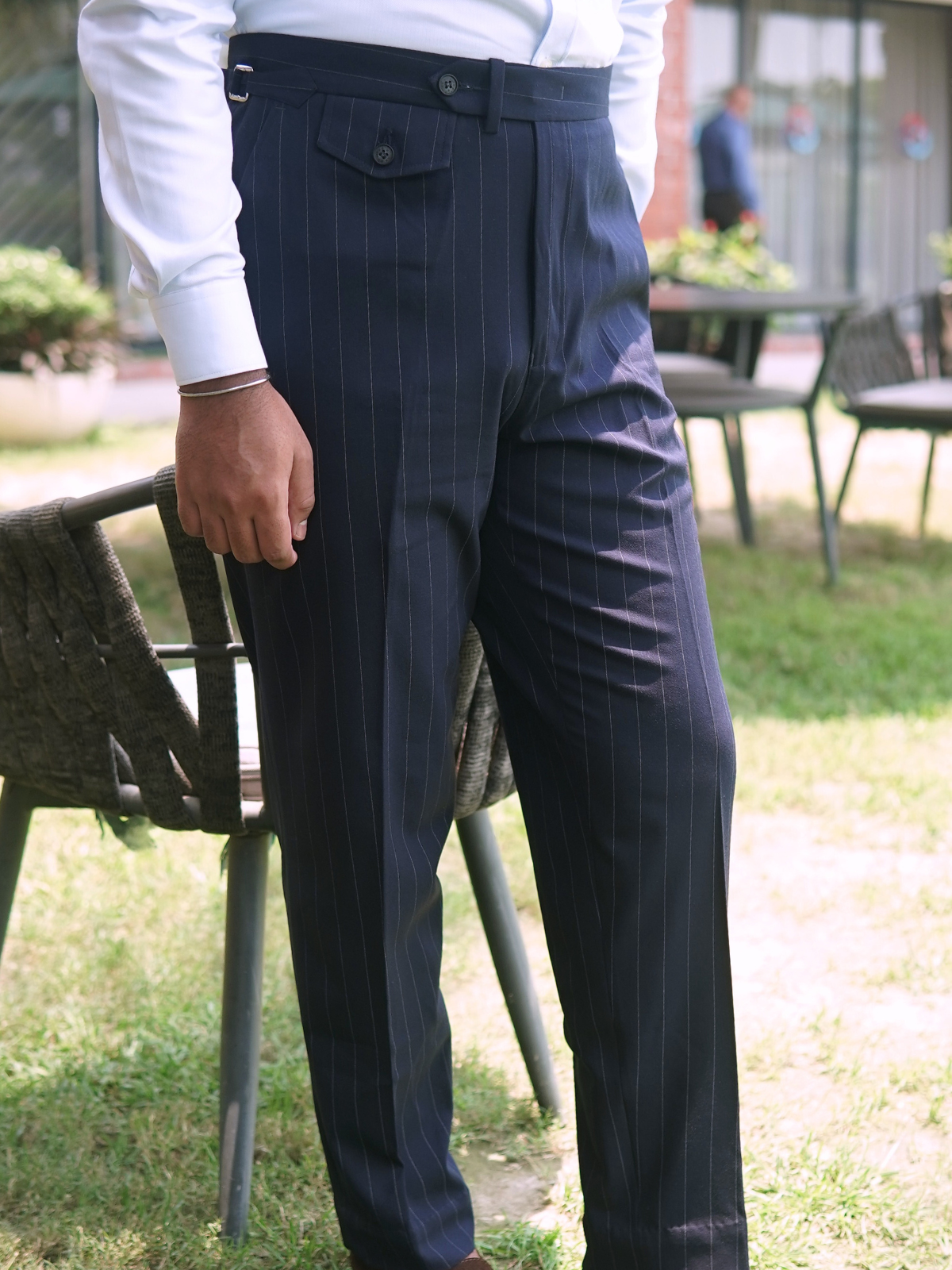 Navy Striped Single Button Formal Trouser