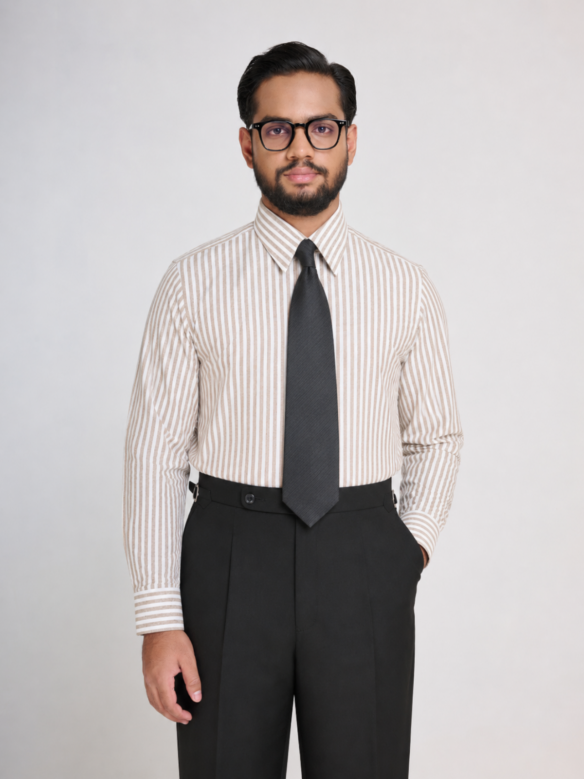 Brown & White Stripe Point Collar Shirt