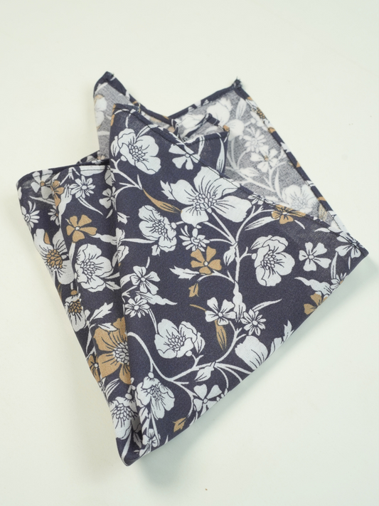 Navy with White Floral Pocket Sqaure