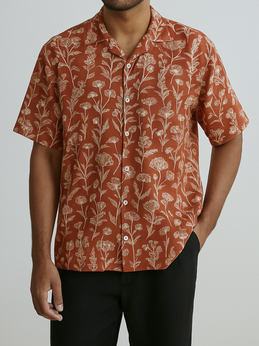 Terracotta Floral Cuban Shirt