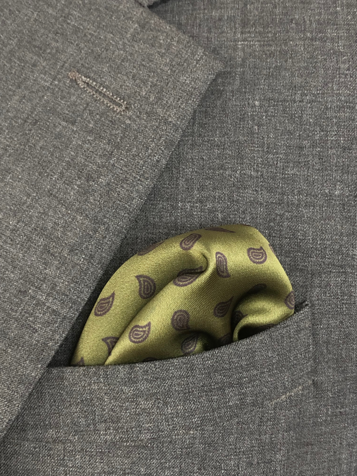 Olive with Mini Violet Paisley Silk Pocket Square