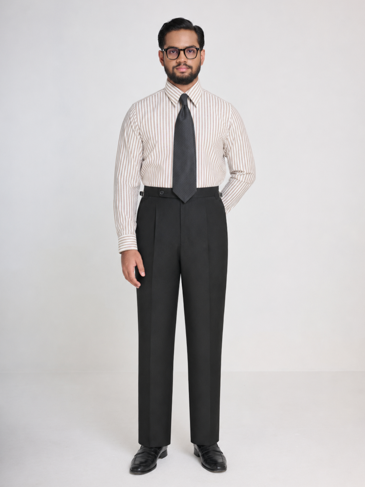 Brown & White Stripe Point Collar Shirt