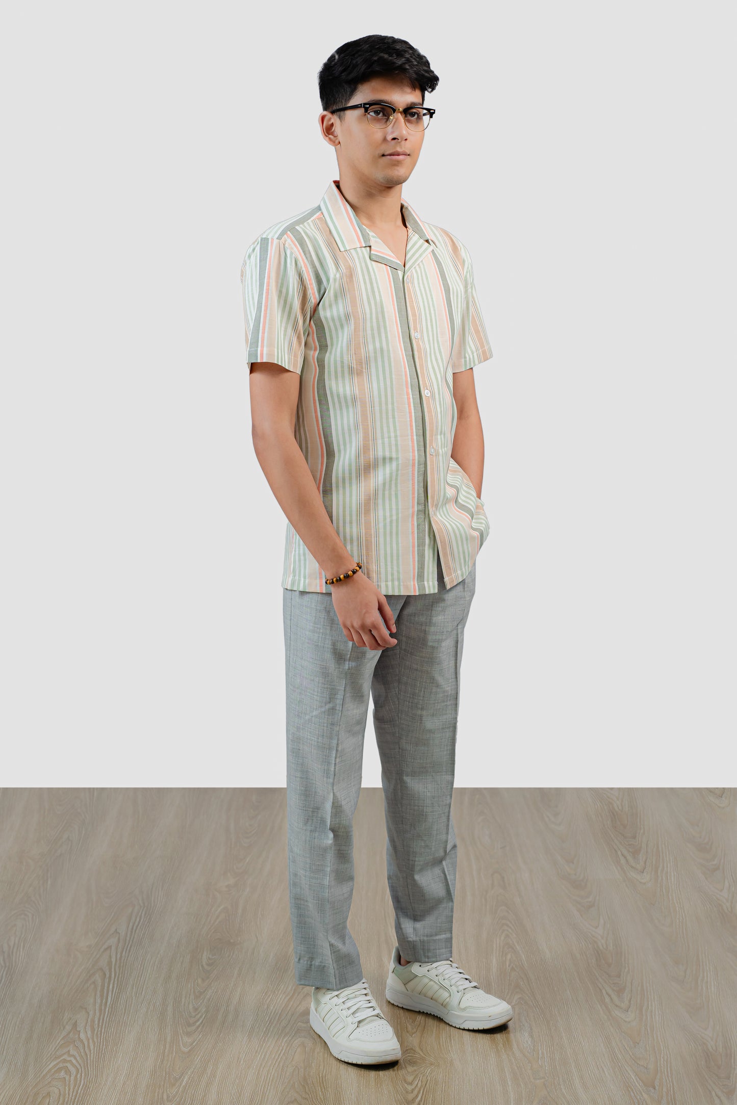 Beige Multi Stripe Cuban Half Shirt