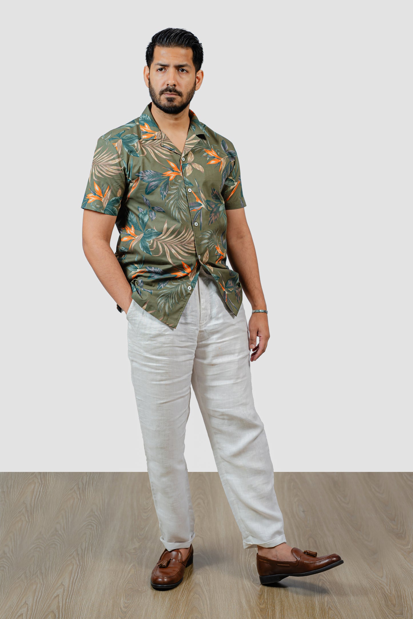 Olive Floral Cuban Half Shirt