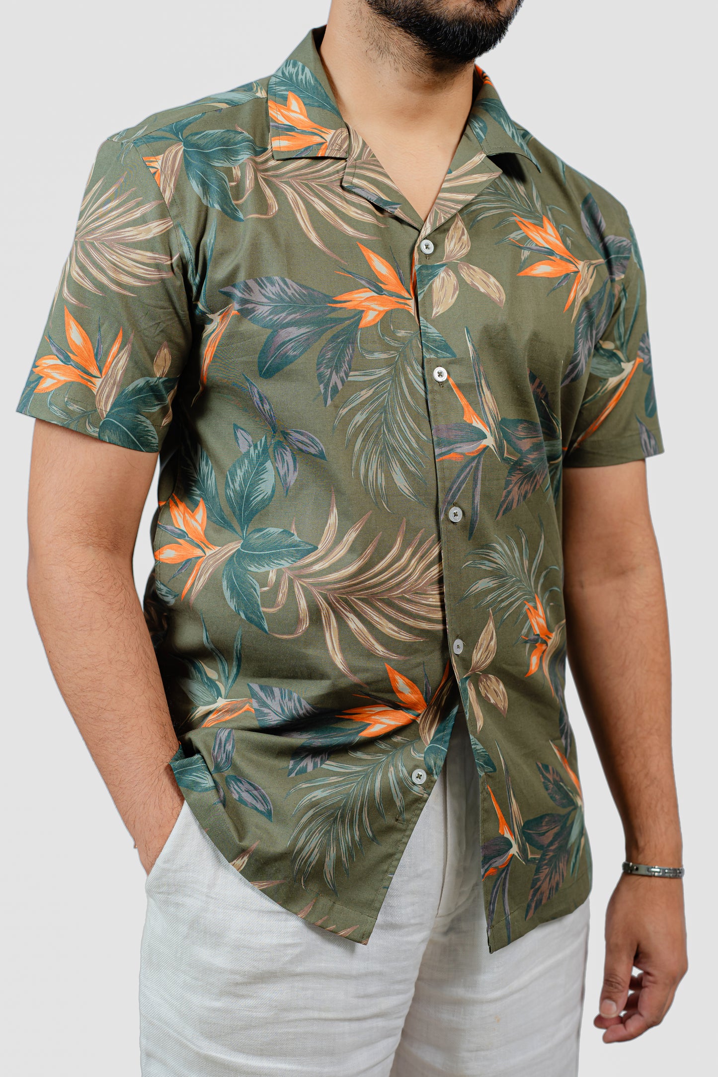 Olive Floral Cuban Half Shirt