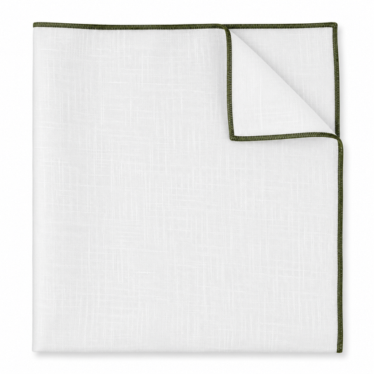 Olive Edge White Linen Pocket Square