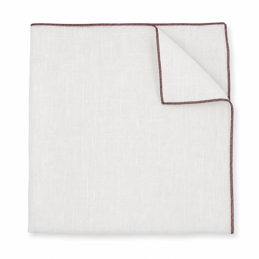Burgundy Edge White Linen Pocket Square