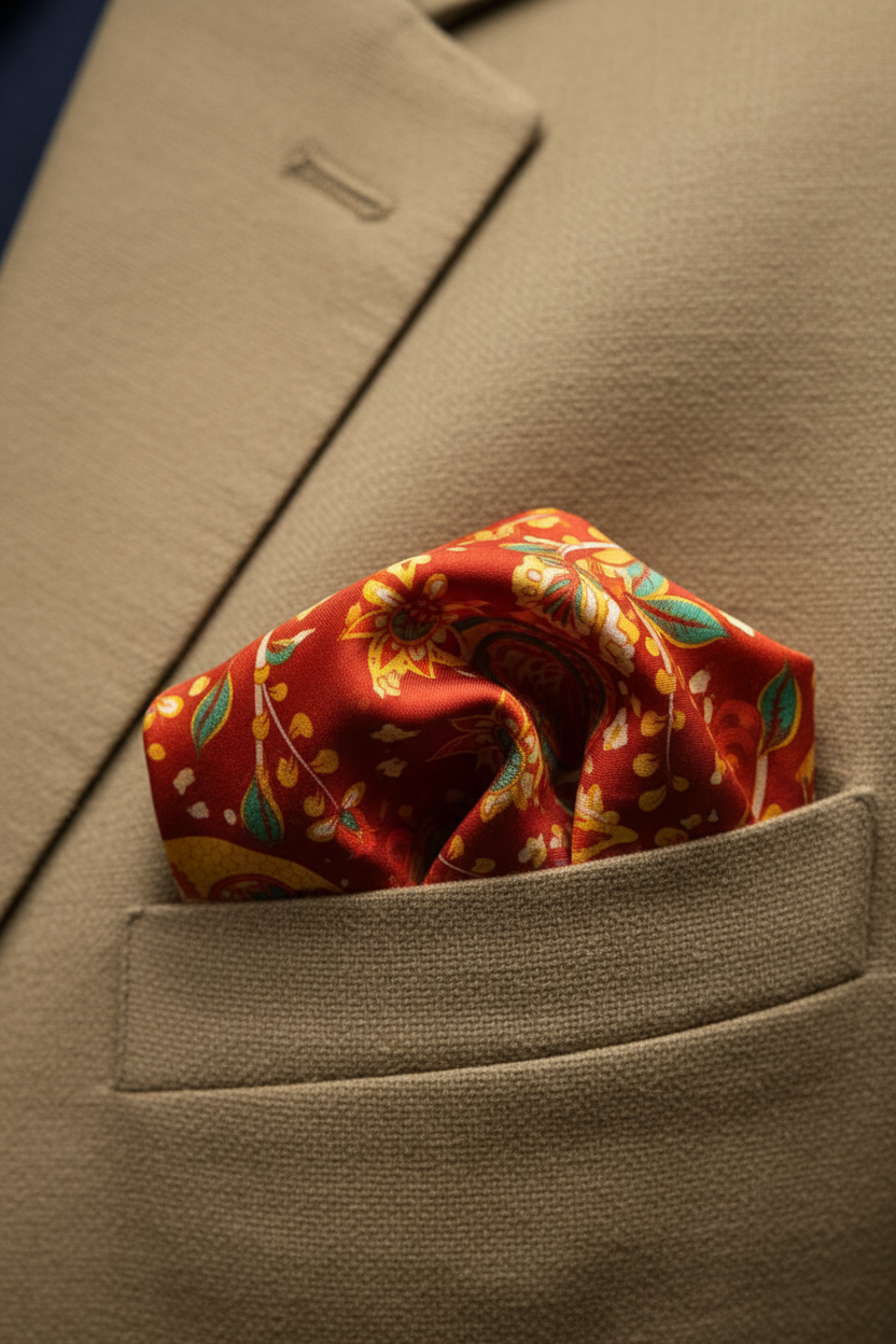 Burnt Orange Floral  Bird Pocket Square