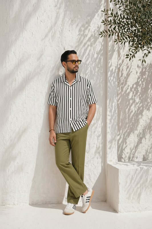 Black & white Stripe Cuban Half Shirt