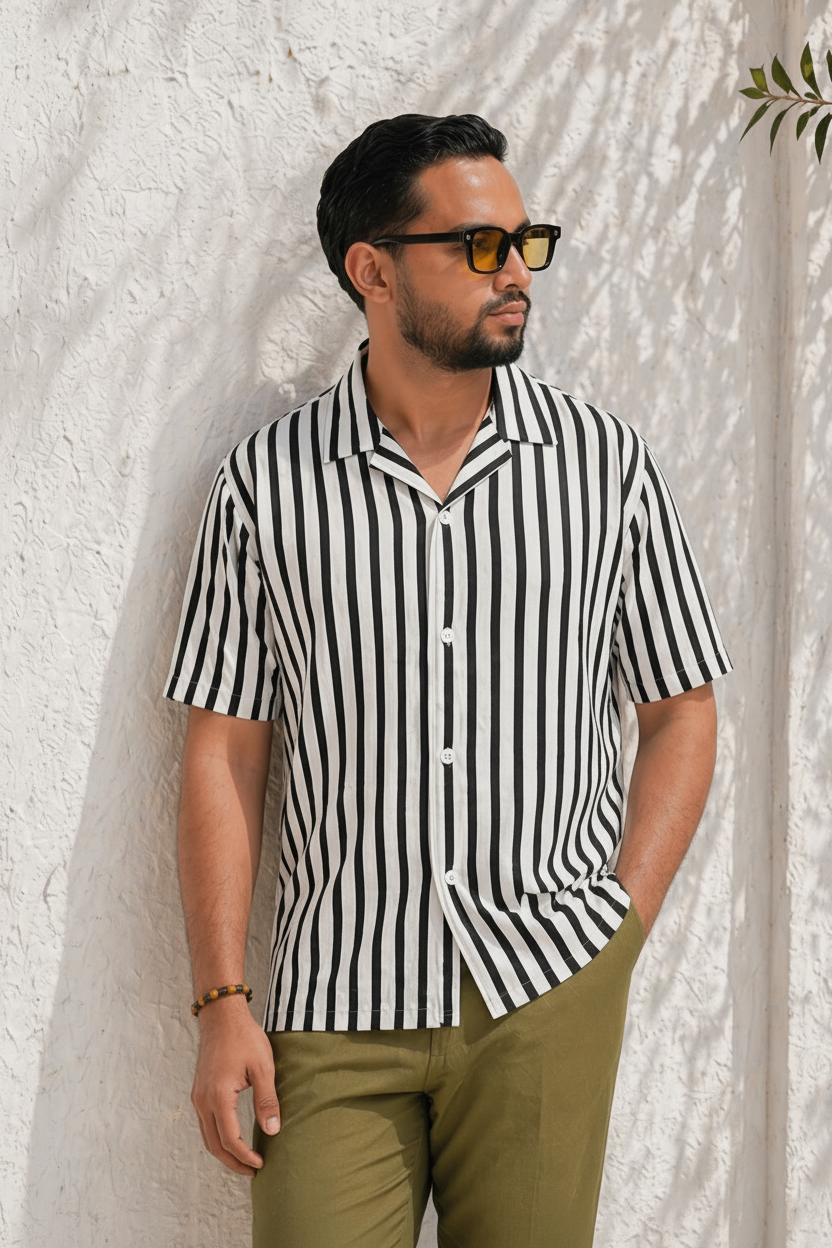 Black & white Stripe Cuban Half Shirt