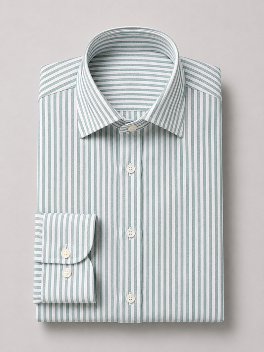 Sage Green & White Stripe Point Collar Shirt