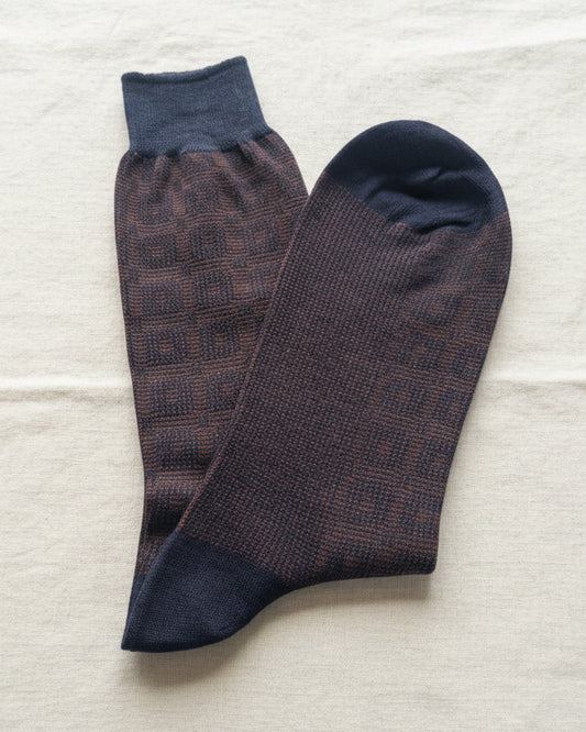 Textured Check Cotton Socks – Cocoa & Navy