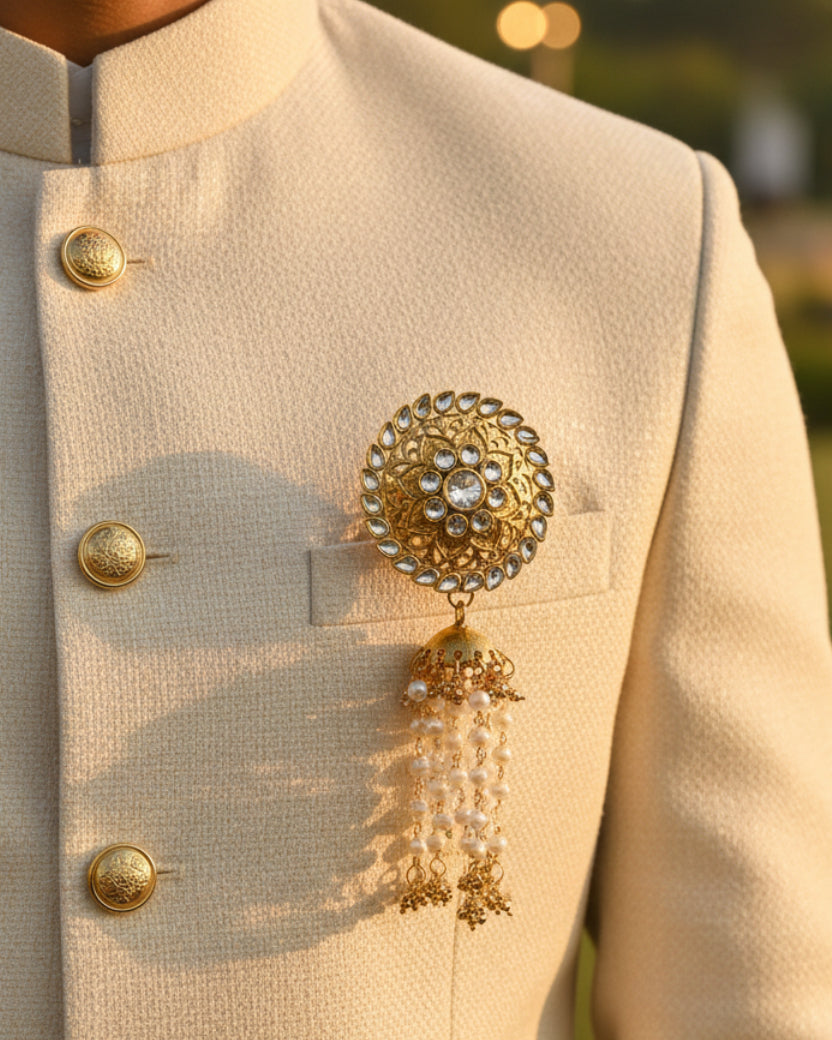 Kundan Brooch – Gold Pearl Drop