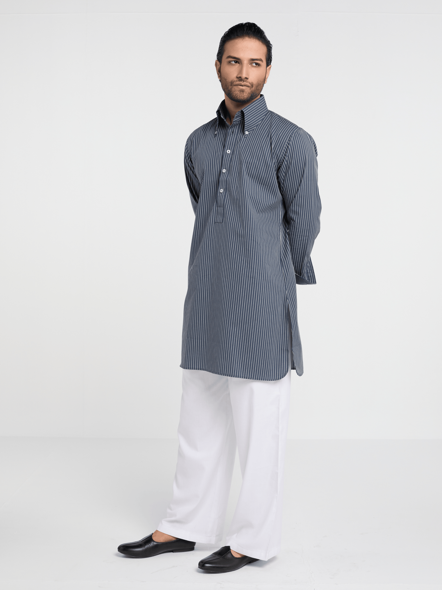 Charcoal Pencil Stripe Button Down Kurta