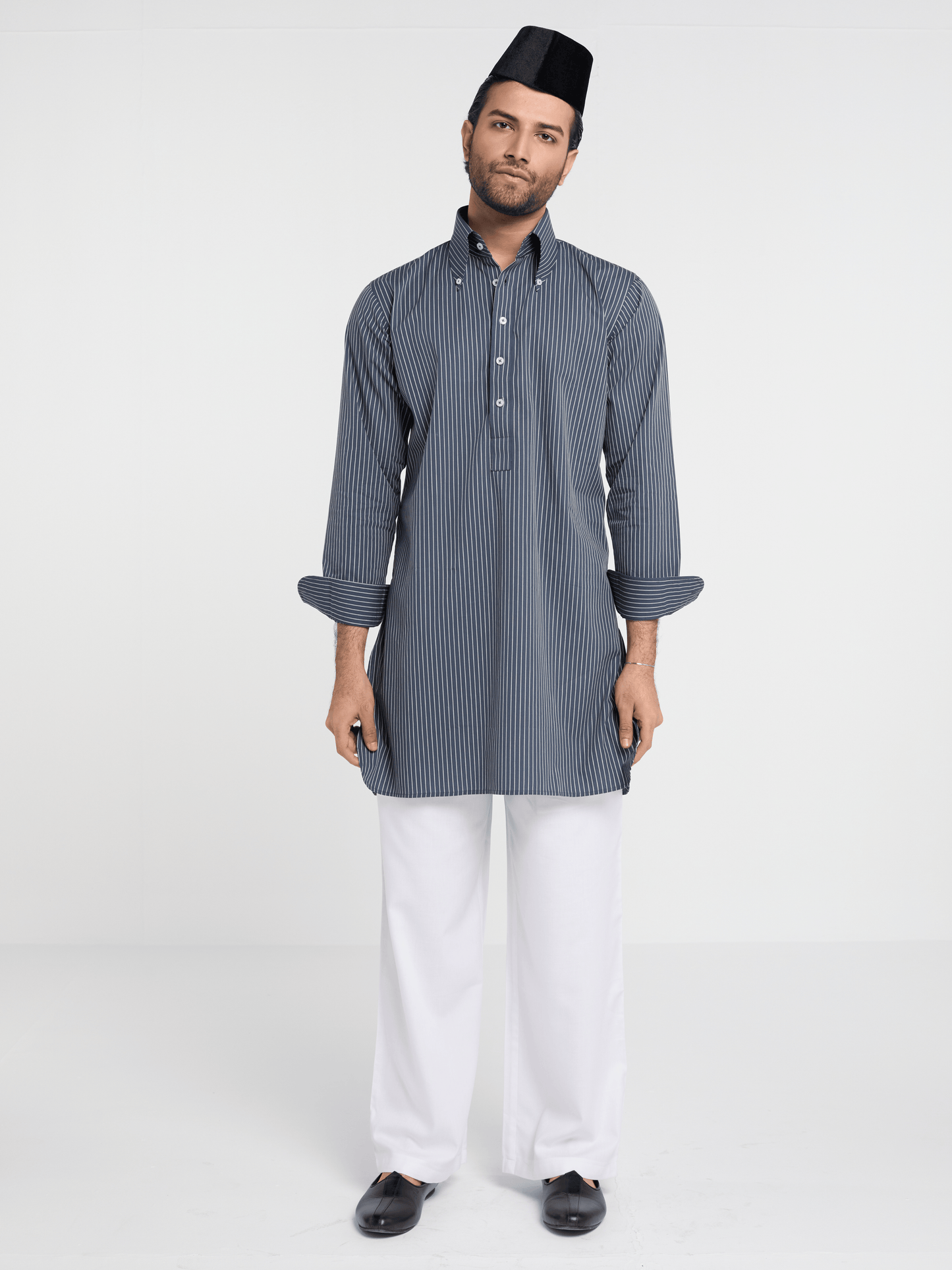 Charcoal Pencil Stripe Button Down Kurta