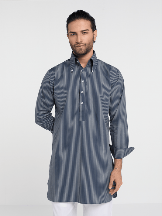 Charcoal Pencil Stripe Button Down Kurta