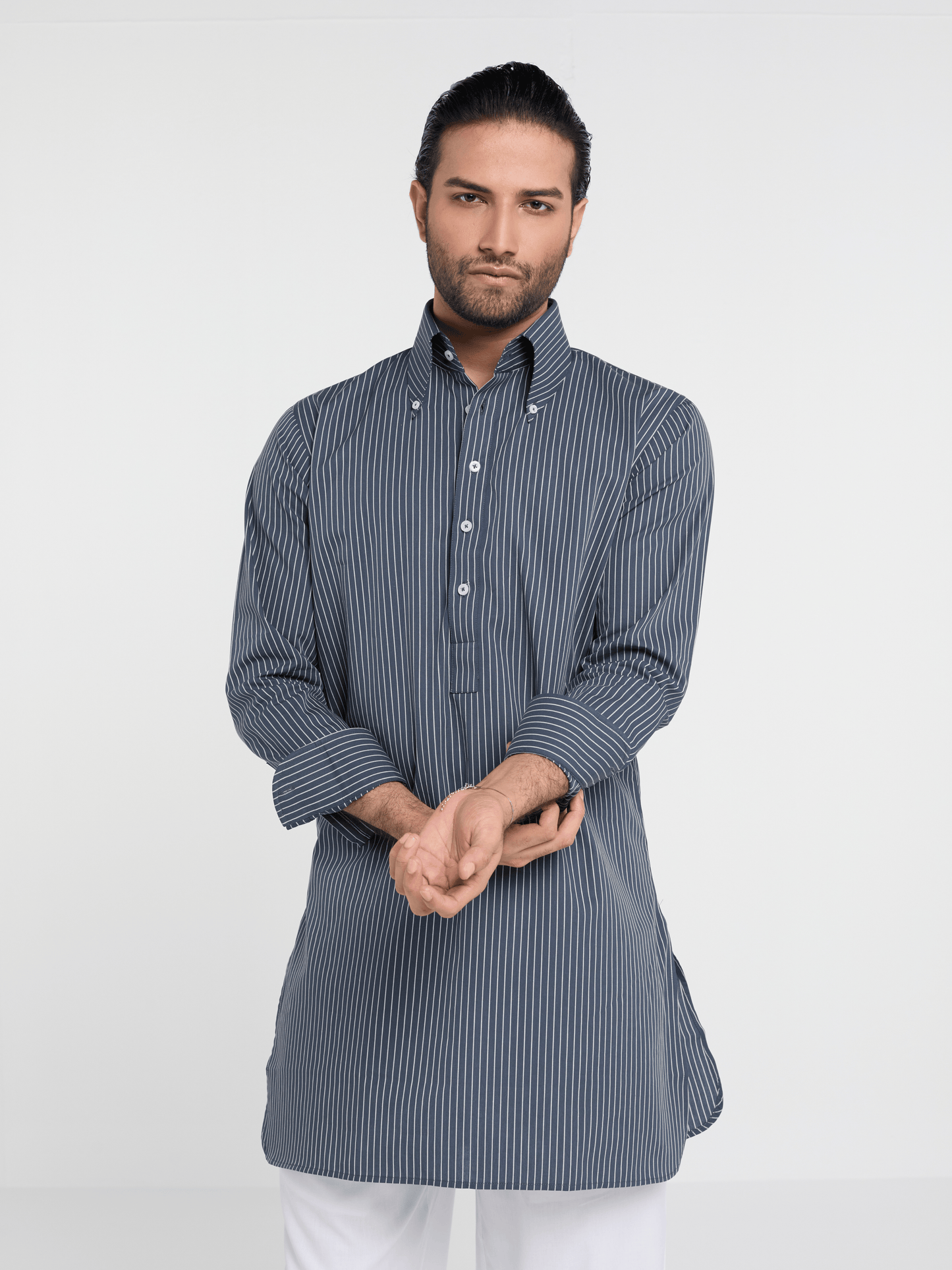 Charcoal Pencil Stripe Button Down Kurta