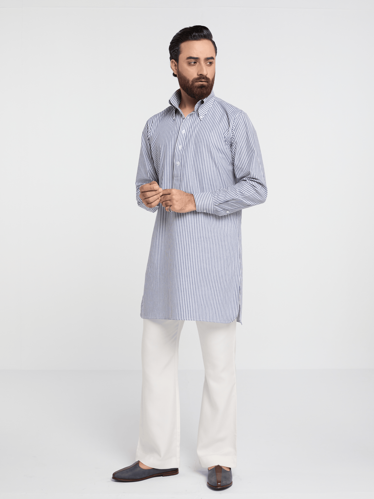 Navy Bengal Stripe Button Down Kurta