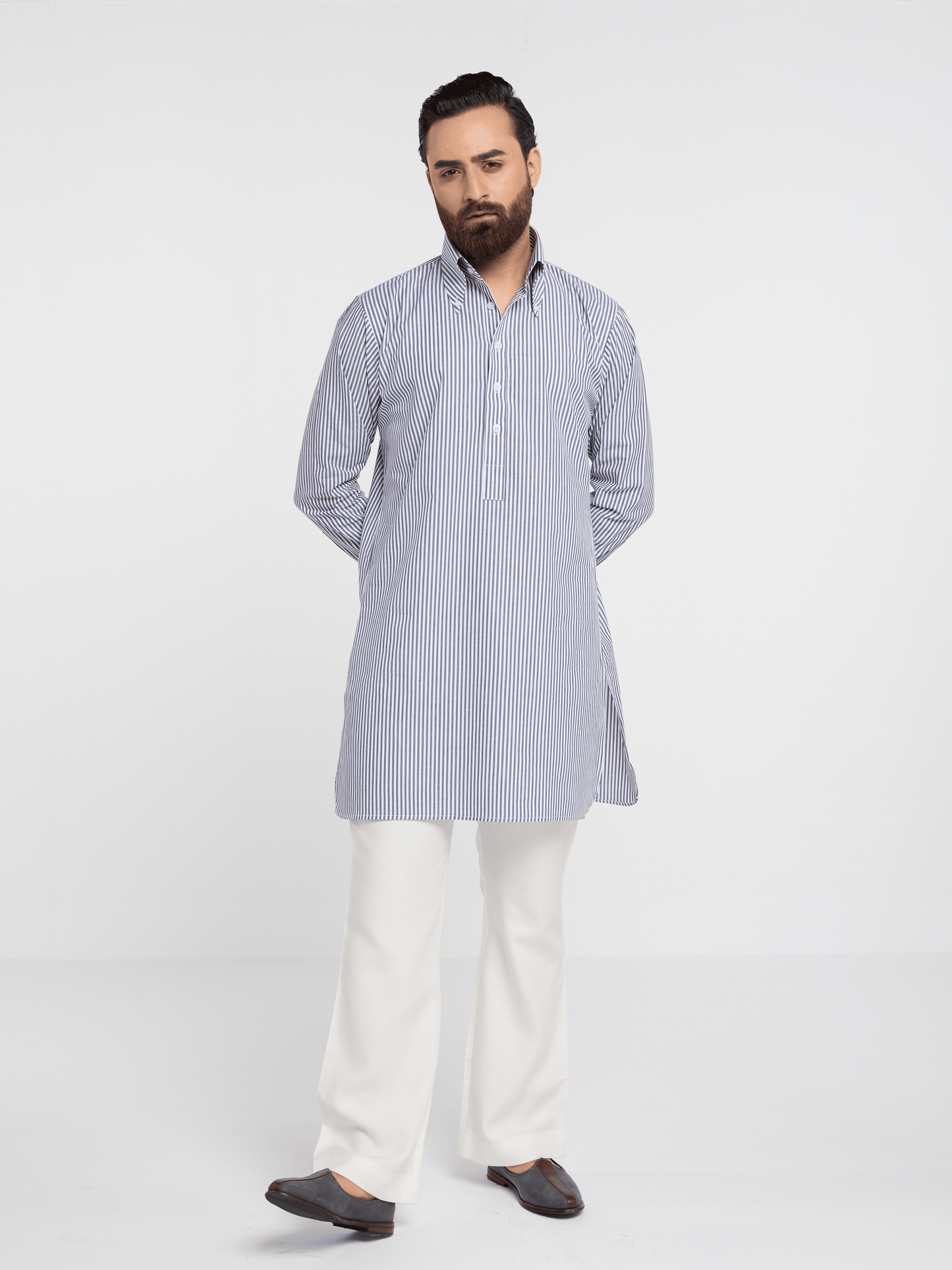 Navy Bengal Stripe Button Down Kurta