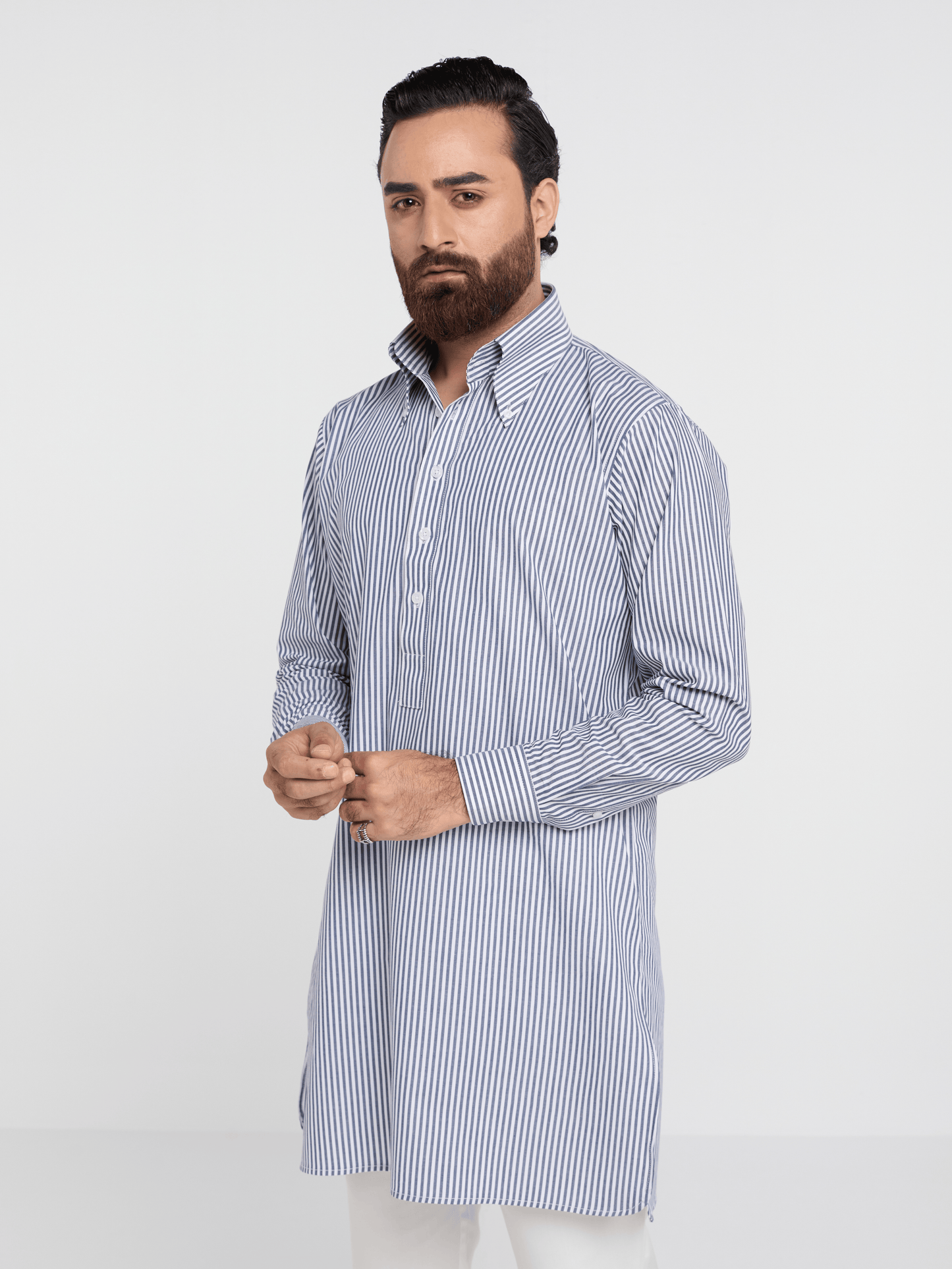 Navy Bengal Stripe Button Down Kurta