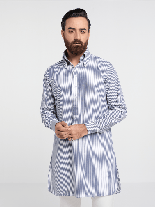 Navy Bengal Stripe Button Down Kurta