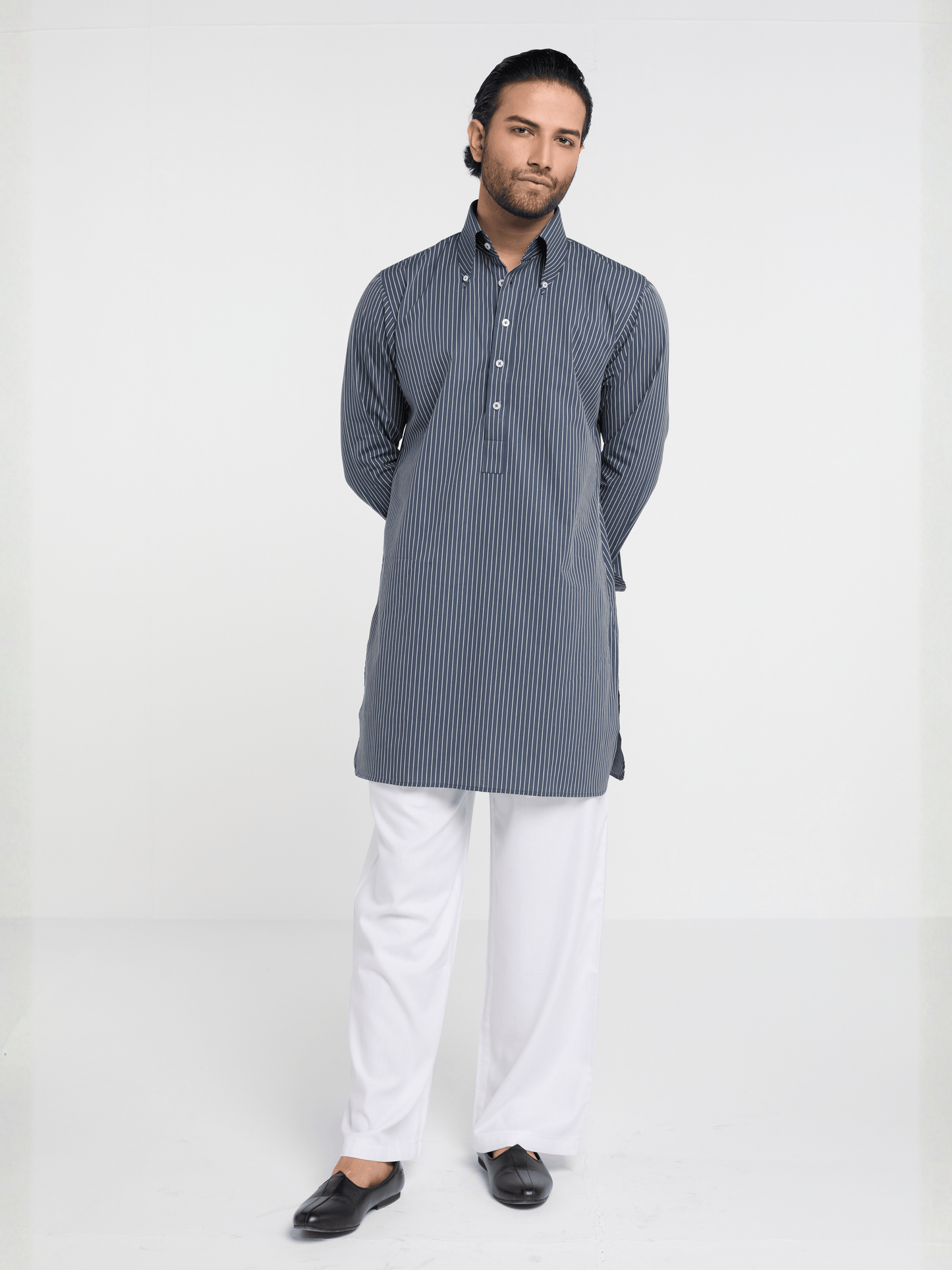 Charcoal Pencil Stripe Button Down Kurta