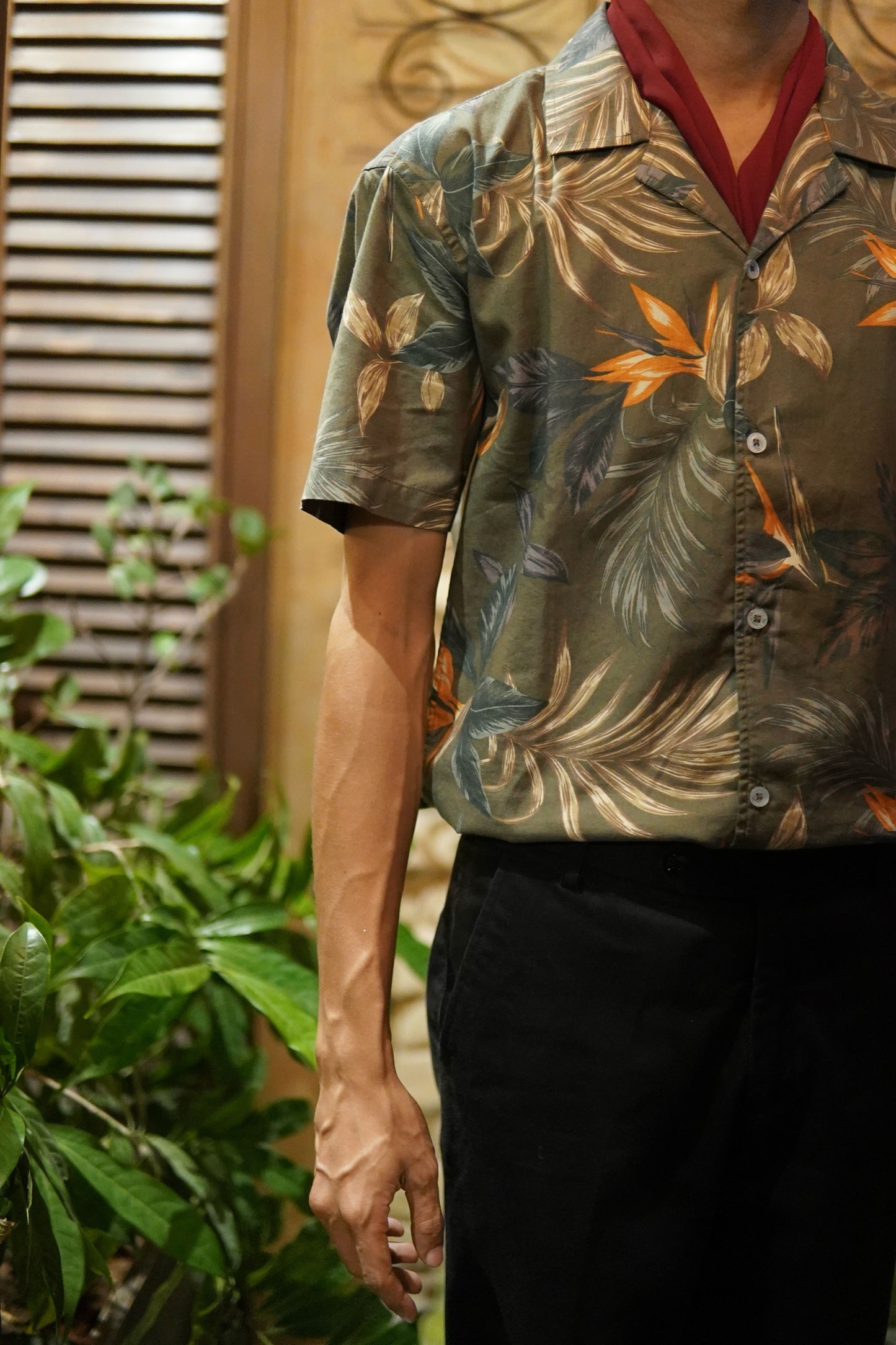 Olive Floral Cuban Half Shirt