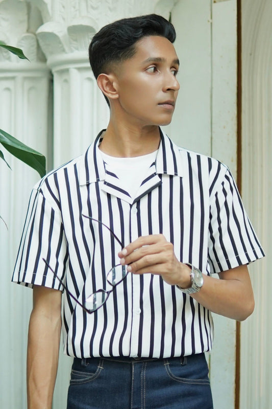 Black & white Stripe Cuban Half Shirt