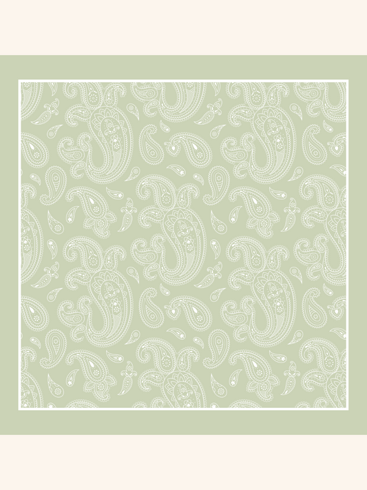 Dusty Green with Heavy White Paisley Silk Pocket Square