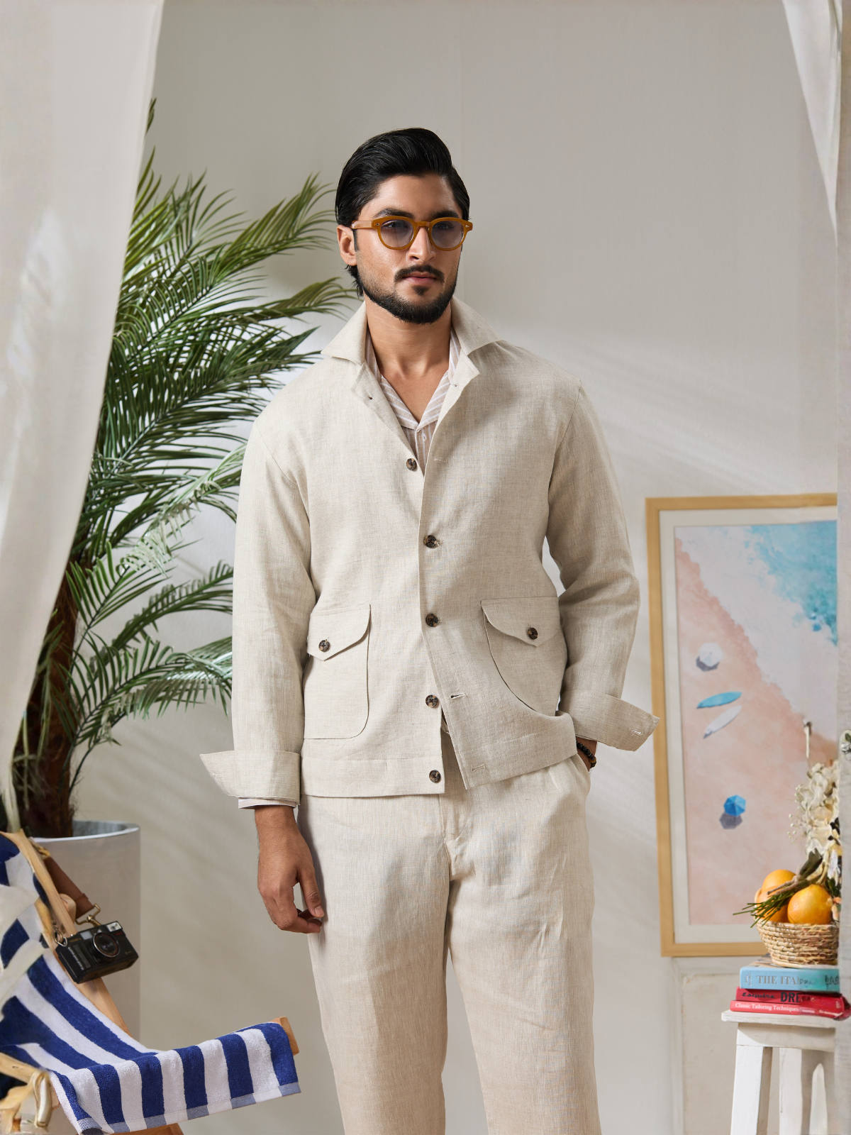 Beige Linen Blouson Jacket